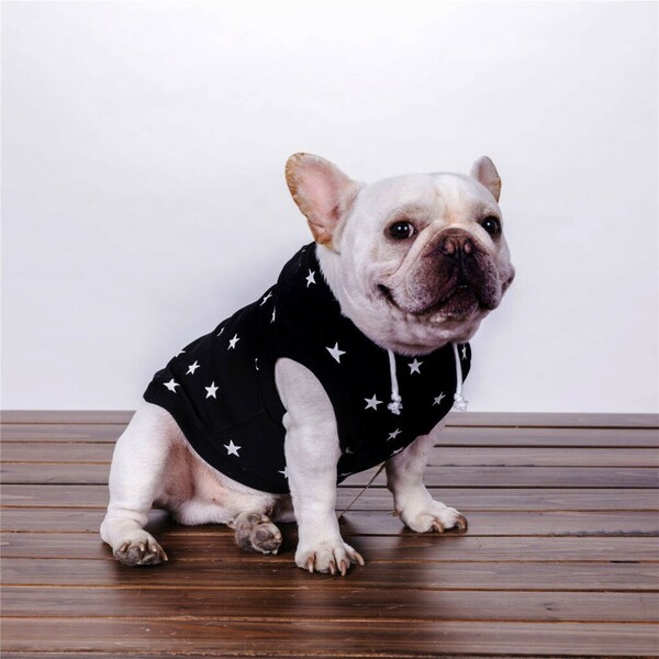 新品　送料無料　小型犬　ペット洋服　スエット星柄　フード付き星柄モノトーン ブラック