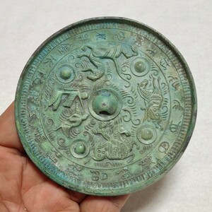 貴重 高古青銅器 水坑 水垢沁 鐫刻銘文★狩猟図★銅鏡 唐鏡 希少