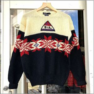 ★ポロ ラルフローレン　90s　SNOW BEACH　ハンドニット　セーター　size L　ナイガイ★検 ノルディック ビンテージ 古着 rrl ポロスポーツ