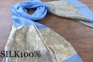 新品 春色【シルク100% SILK】ペイズリー柄 ライトブルー系 L.BLUE 薄青 ゴールド GOLD 金 スカーフ/ストール