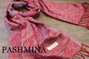 新品【パシュミナ Pashmina】ペイズリー柄 レッド系マルチカラー 赤 RED 大判 ストール カシミア100% Cashmere