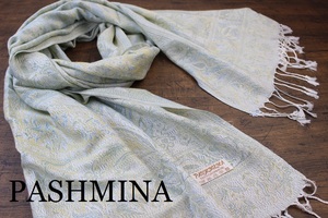 新品 春色【パシュミナ Pashmina】BIGペイズリー柄 ホワイト系グリーン WHITE GREEN 大判 ストール カシミア100% Cashmere