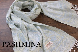 新品 春色【パシュミナ Pashmina】ペイズリー柄 ホワイト系グリーン WHITE GREEN 大判 ストール カシミア100% Cashmere