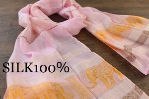 新品 春色【シルク100% SILK】エレファント柄 象柄 ピンク PINK ゴールド GOLD 金 スカーフ/ストール