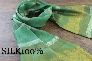 新品【シルク100% SILK】アンコールワット柄 グリーン 緑 GREEN ゴールド GOLD 金 スカーフ/ストール