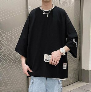 夏服 トップス 7分袖 Tシャツ 大きいサイズ メンズ おしゃれ 七分丈tシャツ 40代 50代 アメカジ ブラック 3XL mzm169