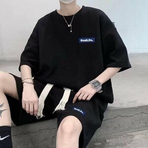 夏 カジュアル 半袖シャツ ショートパンツ 韓國ファッション セットアップ 上下セット メンズ ブラック XL