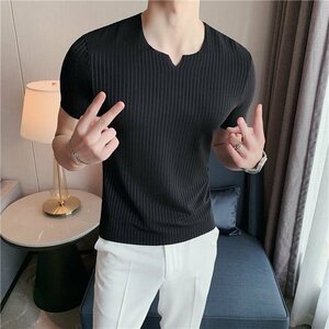 半袖Tシャツ メンズ サマーニット サマーセーター トップス カットソー カジュアル ニットTシャツ ブラック M mzm159