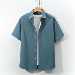 夏物 シャツ メンズ 無地 五分袖シャツ アロハシャツ カジュアル ビジネス 大きいサイズ ブルー 2XL mzm183