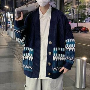 新作メンズ 春 秋 冬 おしゃれ 紳士服 ショート 通勤 ニットカーディガン アウター 無地 コート ビジネスネイビー L