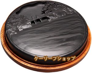 硯 本石【歙州硯・ 天然硯】17cm 彫花硯 天然石丸型・書道硯・携帯型・すずり・コレクション・プレゼント・贈答用に