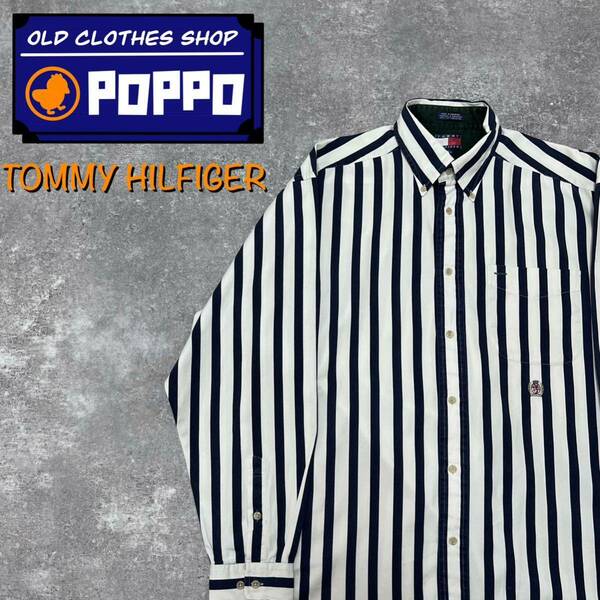 トミーヒルフィガー☆オールド刺繍ロゴボールドストライプシャツ 90s ネイビー　長袖シャツ