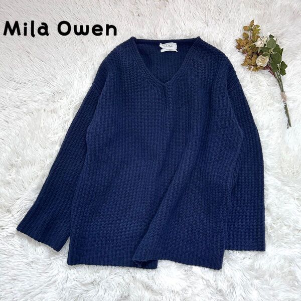 Mila Owen バックスリット入りウールブレンドニット Vネック ネイビー