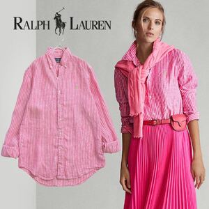 [美品 上質] RALPH LAUREN ラルフローレン / ストライプシャツ ストラップリネン チェリーピンク ポニー刺繍