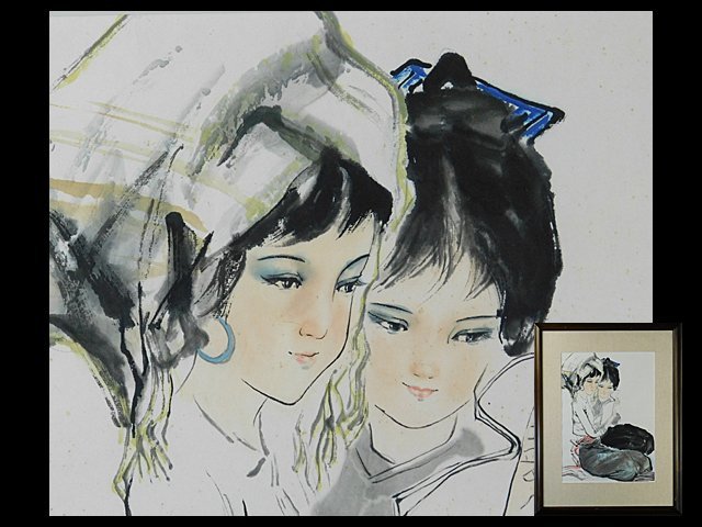Wang Ogichi China Ethnic Minority Girl Ink Painting Chinese Painting Colored Paper Book Framed Ma's Wife OK4961, artwork, painting, Ink painting