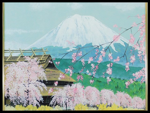 सेइजी इनौए, माउंट फ़ूजी पर चेरी के फूल, जापानी चित्रकला, कागज़, फंसाया, ईक्यू मात्सुओका, उन्होंने सुदा नाका के अधीन अध्ययन किया, जो माएदा सेइसन के वंशज थे, और जापान कला अकादमी के सदस्य और निहोनफुटेन प्रदर्शनी के निदेशक हैं। OK4974, चित्रकारी, जापानी चित्रकला, फूल और पक्षी, वन्यजीव