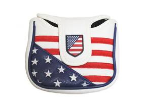 マレットタイプ パターヘッドカバー ２ボール 大型パター対応 オデッセイ 刺繍 磁石式 米国旗柄 USA Flag ホワイト 