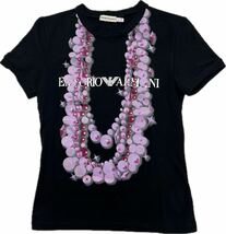 EMPORIO ARMANI ☆ 天然石アクセサリー デザイン プリント Tシャツ 半袖 ブラック レディース 8 42 S相当 エンポリオアルマーニ■BE253_画像3