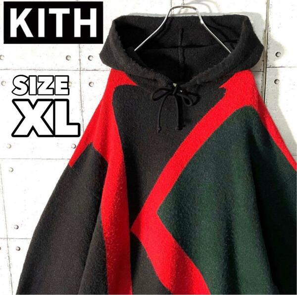 KITH キス 超ビッグロゴ 幾何学 ニット パーカー セーター マルチカラー 緑 グリーン 深緑 希少サイズ XL　6274