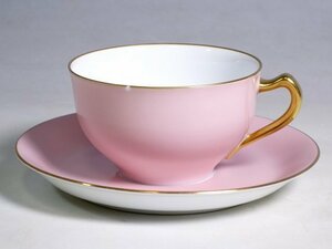 K02154【大倉陶園 OKURA オークラ】色蒔き ピンク ティーカップ＆ソーサー 1客 碗皿 漆蒔き