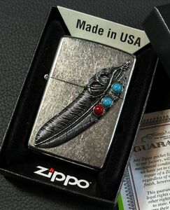 ★USA直輸入 ZIPPO フェザー 羽 ターコイズ インディアン ネイティブ アメリカン イーグル 鷹 メタル貼り ライター ジッポー 喫煙具 bv844