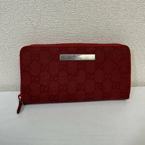 27 1円 GUCCI グッチ GGキャンバス ラウンドファスナー 長財布 レザー 赤 レッド シルバー金具 メンズ レディース