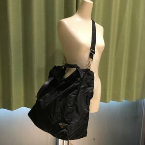 ■PRADA プラダ リバーシブル ショルダートートバッグ 黒 グリーン系 ナイロン 2way ショルダーバッグ ブラック 内側に汚れあり■