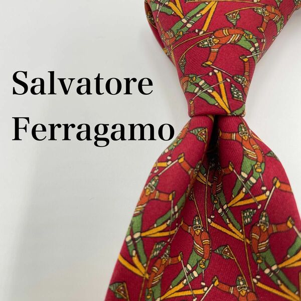 【極美品】Salvatore Ferragamo サルバトーレフェラガモ　 ネクタイ シルク　レッド　グリーン　イエロー　スキー