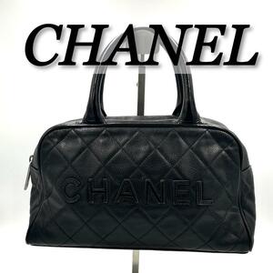 CHANEL ハンドバッグ　キャビアスキン　ミニボストン　ロゴ　シルバー金具