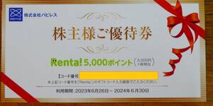 パピレス　株主優待　Renta!　5,000ポイント (5,000円+税相当)　コード番号通知 電子書籍レンタル