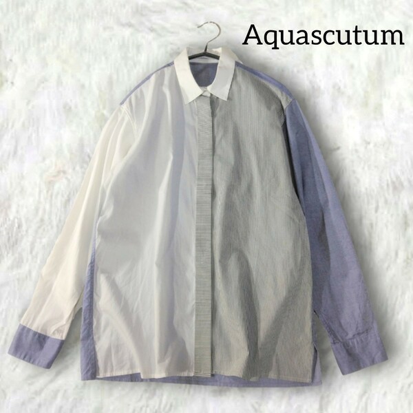 21 【Aquascutum】 アクアスキュータム クレイジーパターン 長袖 シャツ S 日本製 パッチワーク 白 ホワイト ストライプ ブルー 個性的