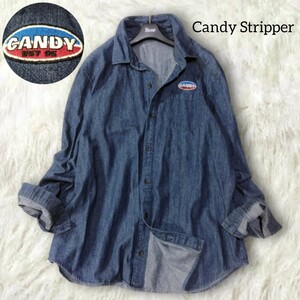 30 【Candy Stripper】 キャンディーストリッパー デニム 長袖 シャツ 2 刺繍 シンプル 無地 オーバーサイズ ドロップショルダー 男女兼用
