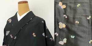 KIRUKIRU リサイクル 染 洗える 身丈159㎝ 黒地に抽象的な蝶々 可愛い レトロ 着物 小紋 カジュアル 着付け 和装