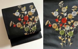 KIRUKIRU 着用可 リサイクル 名古屋帯 織出 正絹 黒地にマーガレットのような花々 花柄 レトロ シック 着物 和装 カジュアル