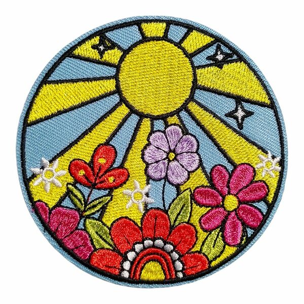 T-23【 アイロンワッペン 】 花 フラワー Flower 太陽 サン Sun ハッピー Happy 【 刺繍ワッペン 】 刺繍