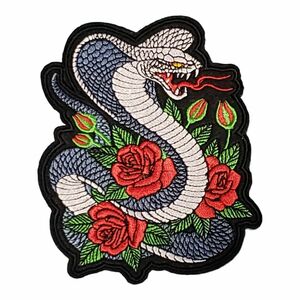 B-12【 アイロンワッペン 】コブラ COBRA 蛇 ヘビ バラ 薔薇 ローズ Rose スネーク 【 刺繍ワッペン 】