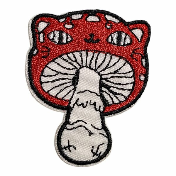B-77【 アイロンワッペン 】猫 ネコ cat キャット キノコ きのこ マッシュルーム MASHROOM 【 刺繍ワッペン 】