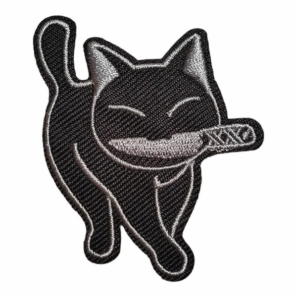 H-52【 アイロンワッペン 】 猫 ネコ cat キャット 刃物 ナイフ knife 【 刺繍ワッペン 】 アイロンワッペン