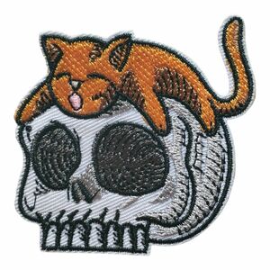 H-60【 アイロンワッペン 】 猫 ネコ cat キャット SKULL スカル 髑髏 ドクロ 骸骨 ガイコツ【 刺繍ワッペン 】