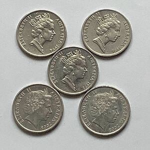 【希少品セール】オーストラリア エリザベス女王肖像デザイン 5セント硬貨 1994年 1996年 1998年 2008年2枚 5枚まとめて
