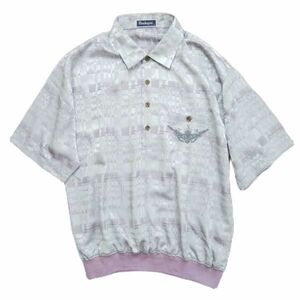 90s 古着 半袖 柄シャツ メンズL 薄紫 総柄 ポリエステル ポリシャツ 裾リブ 日本製 ビンテージ Boulogne