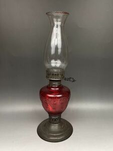 熊3) 昭和レトロ アルコールランプ 赤ガラス オイルランプ 当時物 インテリア 照明器具 硝子製 エンボス加工 アンティーク 卓上ランプ
