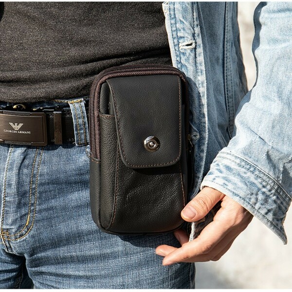 新品 本革 レザー ウエストバッグ ベルトポーチ 携帯電話ポケット スマホ iPhone ナスカン カラビナ 磁石 小物入れ 黒 ブラック 送料無料