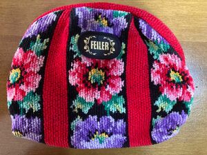 FEILERフェイラー/シュニール織/赤と紫の花柄化粧ポーチ