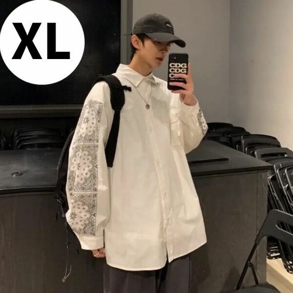 【大人気商品♪】XL　メンズ　長袖　ホワイト　シャツ　カジュアル　韓国　