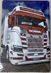 新型 スカニア アートポスター 金属製 SCANIA 30×20 ホワイト ハイルーフ トレーラー 送料無料