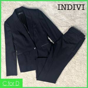 *INDIVI*36 (S size corresponding ) Indivi lady's navy blue color navy setup pants suit stripe pattern total reverse side 1. button suit J124