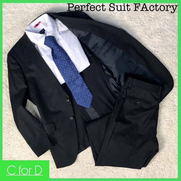 ★Perfect Suit FActory★A5 (Mサイズ相当) パーフェクトスーツファクトリー メンズ 黒色 セットアップスーツ 無地 背抜き 2つボタン J139