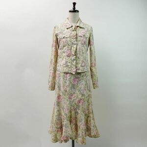 L'EST ROSE L'Est Rose floral print Short jacket flair skirt setup lady's white pink green size M*MC873