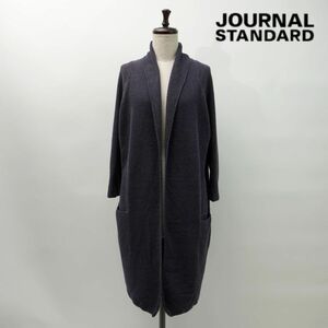 美品 JOURNAL STANDARD ジャーナルスタンダード モザイク コットンニット襟付きロングカーディガン トップス レディース 紺 サイズF*MC404